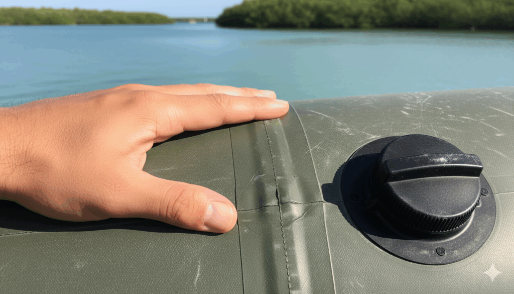 Hand checks RIB tube and valve for pre-launch boat safety.