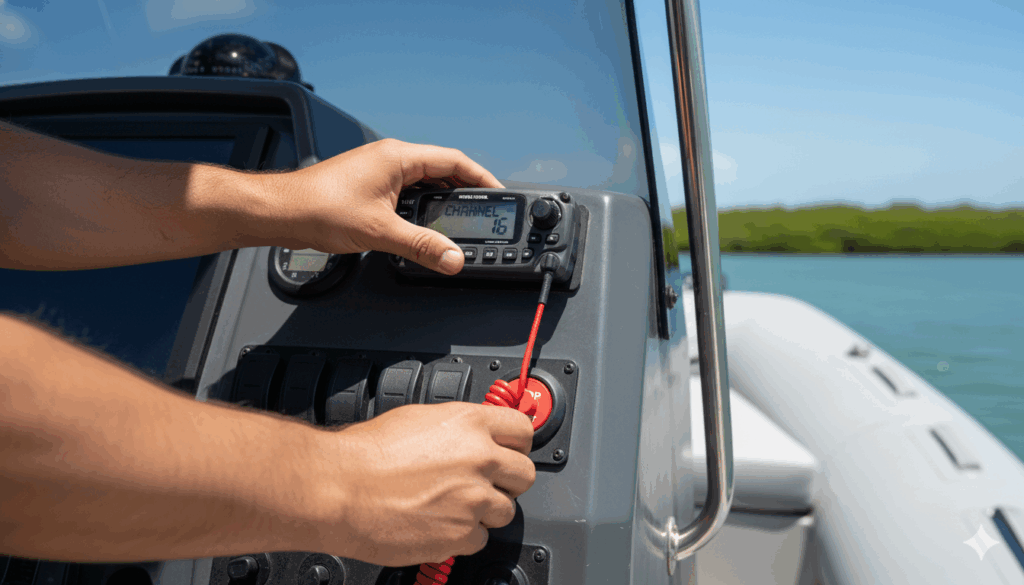 Operator securing kill switch and VHF, Florida boat safety check.