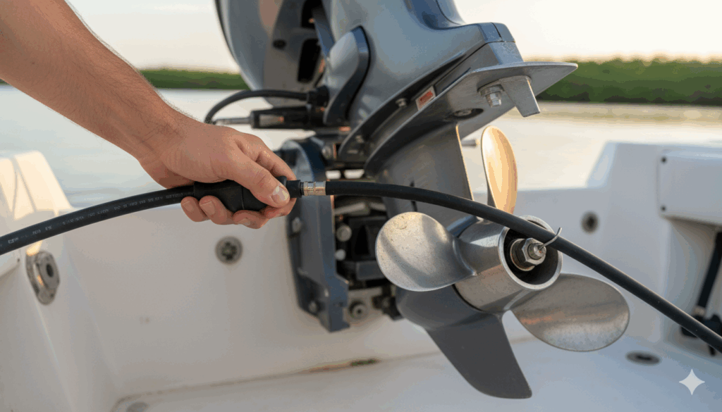 Hand squeezing fuel primer bulb for boat safety inspection.